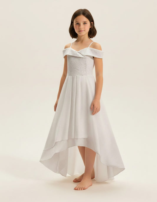 G20343 Lace bodice and chiffon high low skirt