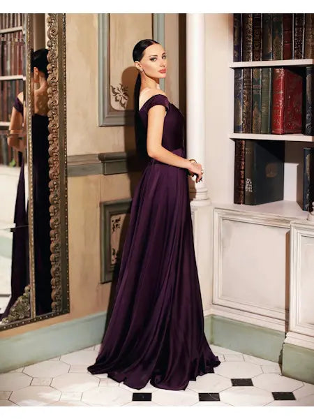 11451  A line. Off shoulder. Plum Satin