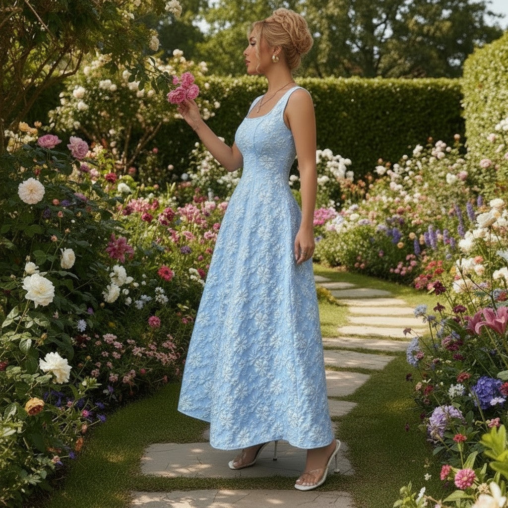11513 Light blue floral jacquard vintage midi.