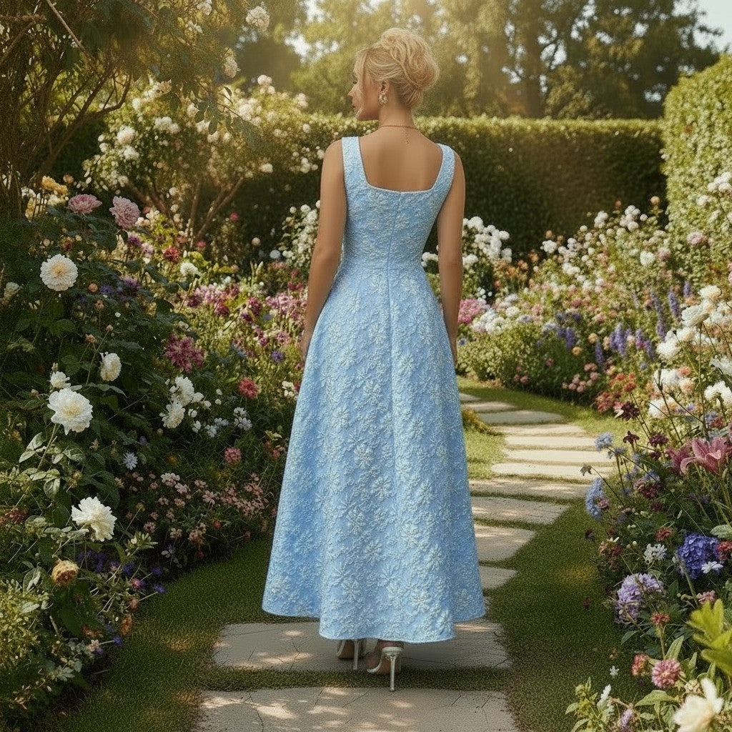 11513 Light blue floral jacquard vintage midi HIRE