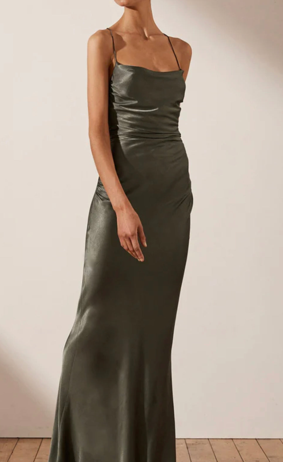 11500 Olive green, soft satin, with cowl neck.