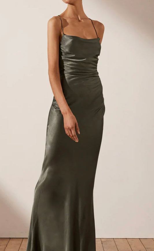 11500 Olive green, soft satin, with cowl neck.