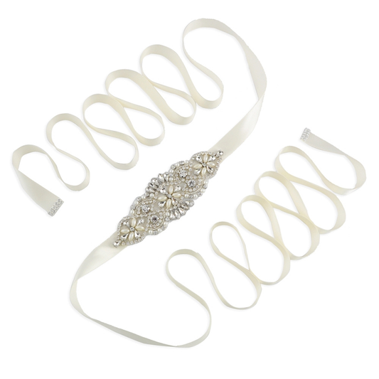 BBB16 Belt made of soft ivory satin ribbon with diamante and pearl detail