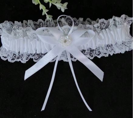 BBG20 White lace garter with white satin ribbon and beaded flower