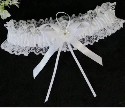 BBG20 White lace garter with white satin ribbon and beaded flower