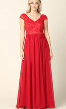 BM800. Red Lace and chiffon gown with capped sleeve. size 16.