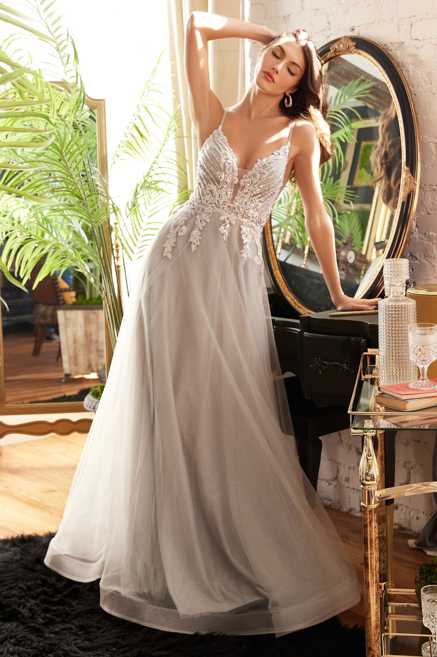 72021 A-line silver tulle with exquisite lace beaded bodice