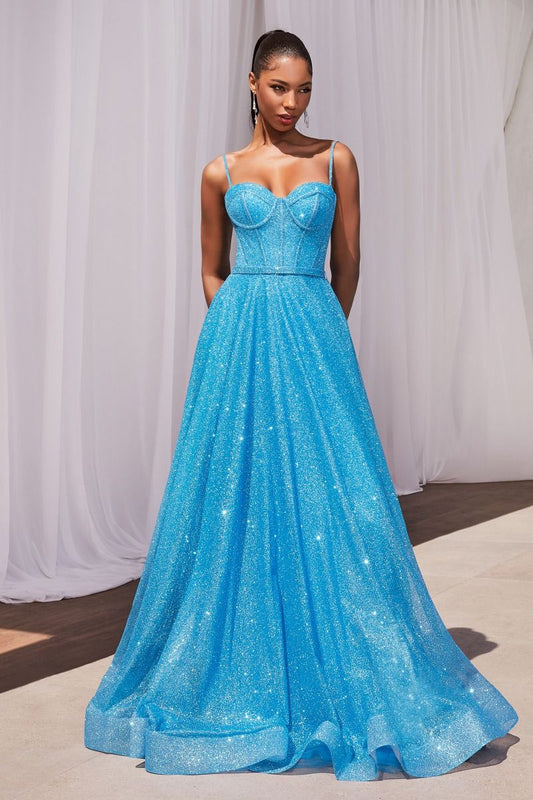 11552 Blue, Long Sparkling A-line with corset