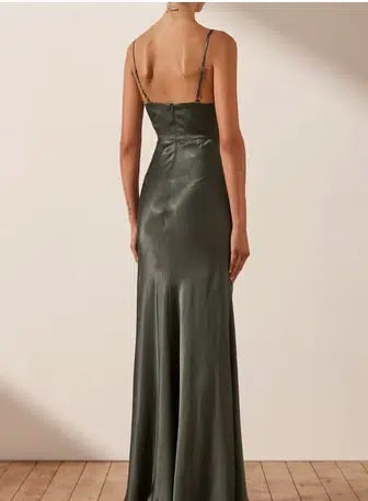 11500 Olive green, soft satin, with cowl neck.