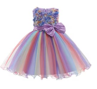 G20304. Purple flower bodice and rainbow tulle skirt