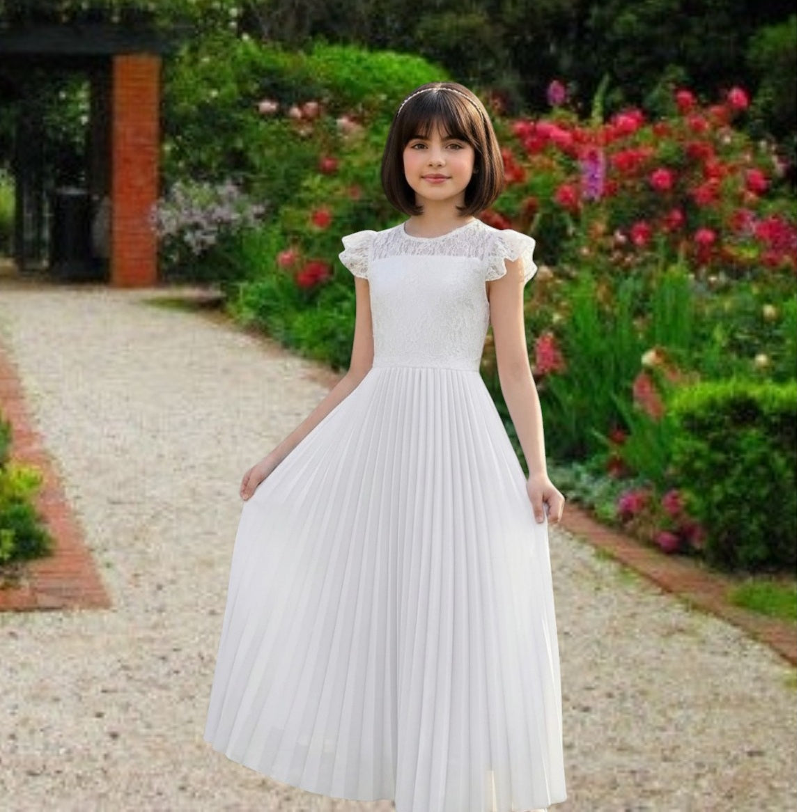 G20340 White lace and chiffon flower girl/ party dress.