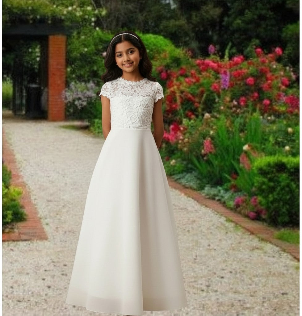 G20341 textured lace bodice and chiffon skirt