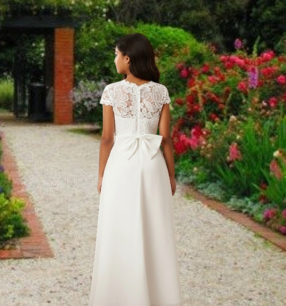 G20341 textured lace bodice and chiffon skirt