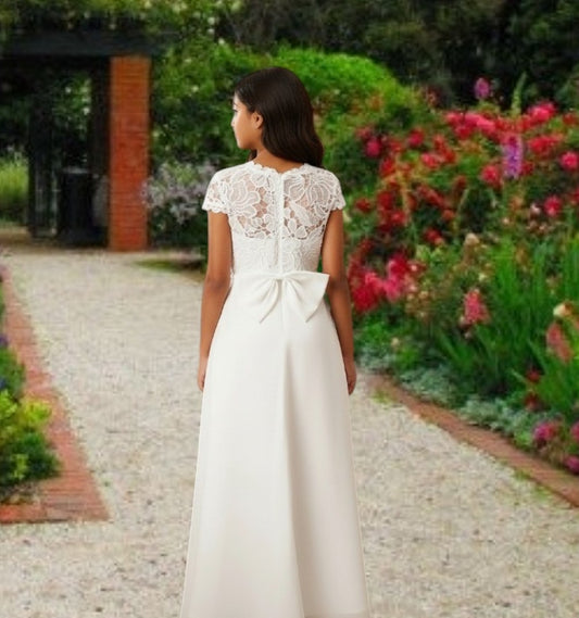 G20341 textured lace bodice and chiffon skirt