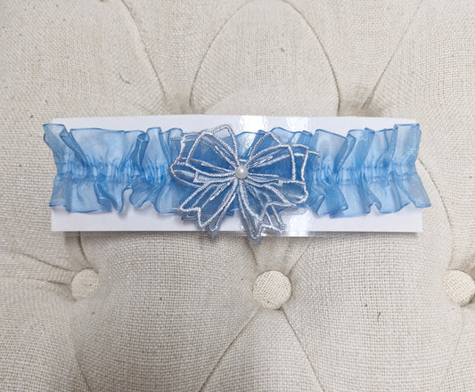 BBG30 Blue lace garter with blue bow detail and pearl.