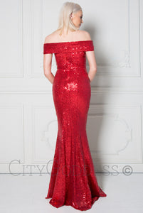 10091 Red. Stunning sequined off shoulder mermaid gown.
