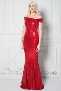 10091 Red. Stunning sequined off shoulder mermaid gown. Size 8