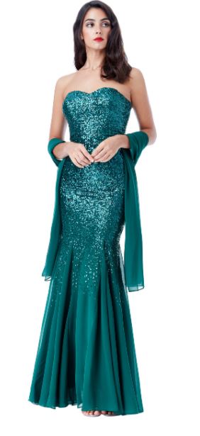 10219 Emerald, sequined chiffon, strapless semi fitting. Size 16