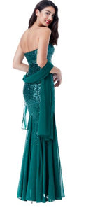 10219 Emerald, sequined chiffon, strapless semi fitting. Size 16.