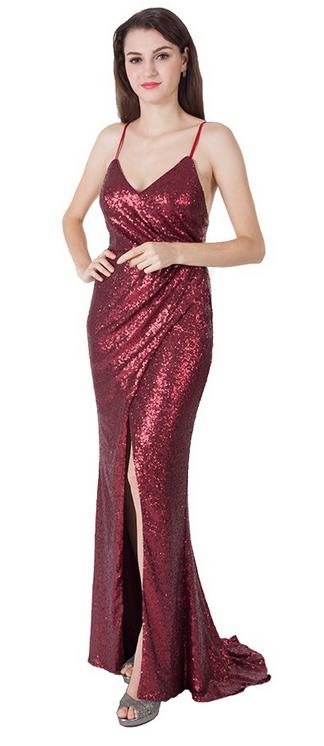 10631 burgundy sequined semi fitted with split size 10.