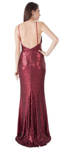 10631 burgundy sequined semi fitted with split size 10.