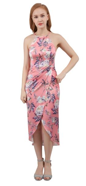 10406P pink, white and blue floral print. Size 12 halter cocktail dress.