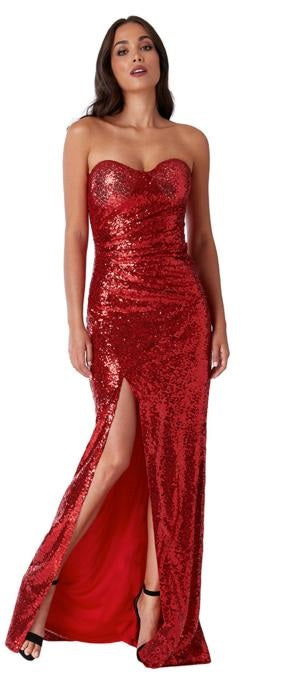 10428R Red, sequined, strapless semi fitting with slit. Size 12