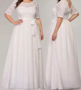 10500  Round neck. 3/4 sleeves. Lace top. Chiffon A line skirt. Size 24