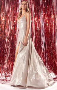 10510C Champagne, A-line glitter dress. Split and deep sweetheart. Size 8.