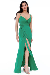 10657 green wrap style spaghetti straps with split. Size 10 and size 14