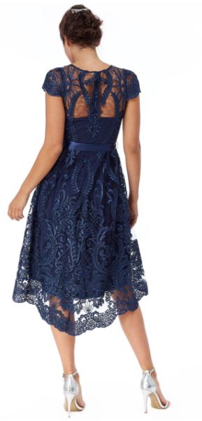 10658 GODDESS designer cocktail gown. navy lace size 10.