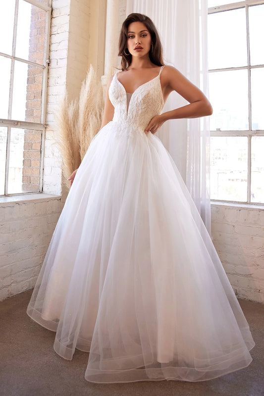 10670  Deep V  Neckline. A line tulle skirt. Low V back. Beaded