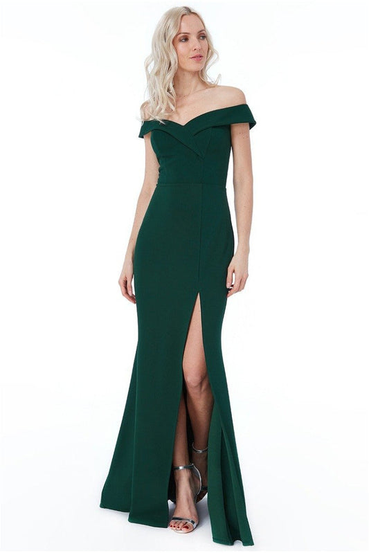 10699E Emerald crepe off shoulder with split. Size 18