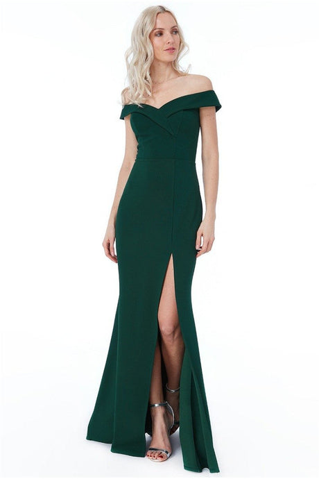 10699E Emerald crepe off shoulder with split. Size 14 and 18.