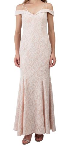 10736 Size 22. Off shoulder fit and flare. Ivory lace on blush