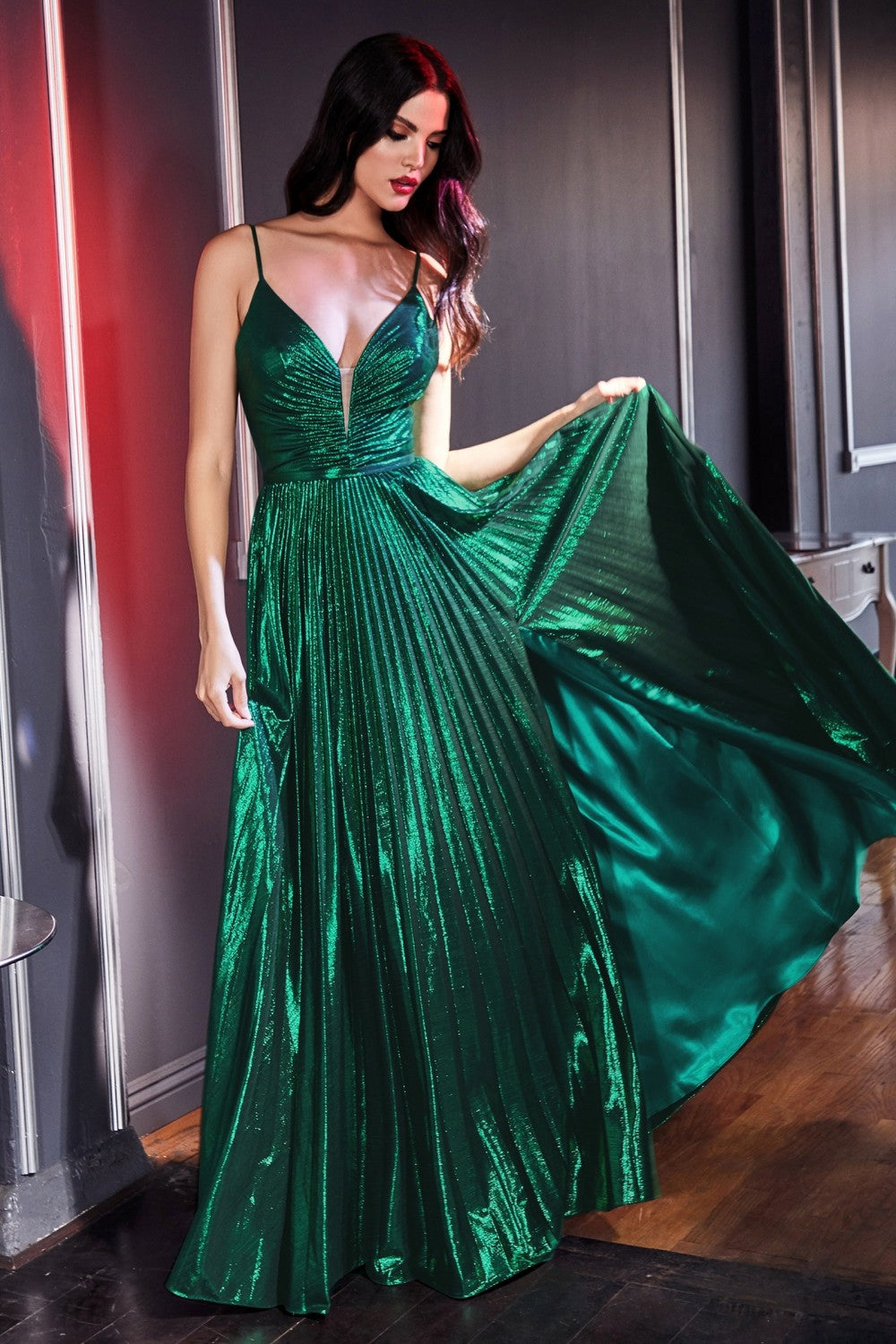 10761E Emerald. A-line sparkle satin gown. Split. Deep sweetheart. Size 18
