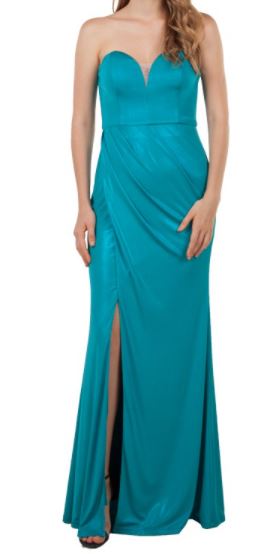 10785 Soft teal stretch fabric. Sweetheart, split. Size 10 and 16.