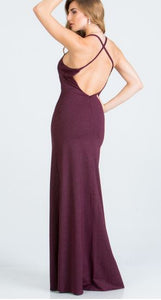 10791 Burgundy. Spagetti straps, open back, semi fitted. Size 12