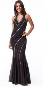 10811  Designer mermaid gown with pluging V. Black and gold. Size 12.
