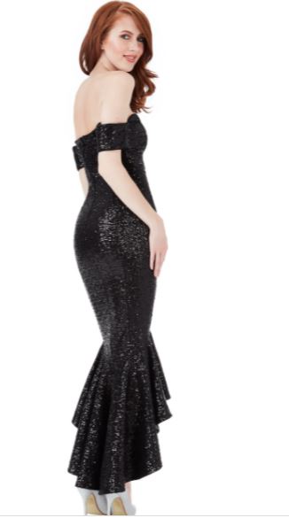 10815B size 12 black sequin, high low event dress