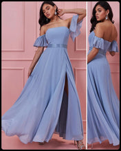 10822 Dusky blue off shoulder chiffon with split. Size 8.