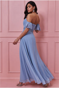 10822 Dusky blue off shoulder chiffon with split. Size 8.