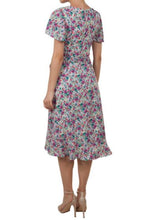 10865 white/purple floral. V neck. A line. Short sleeves event dress size  12 and 18.