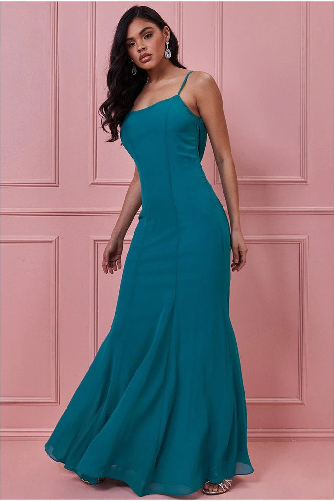 10878T Teal Cowl back, spaghetti strap, chiffon evening gown. Size 8