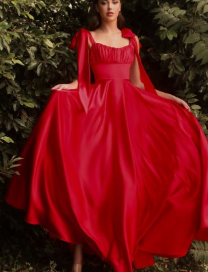 10899 Red. Soft satin gown. Gathered sweetheart neckline. size 6.