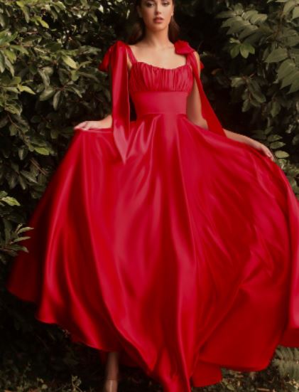 10899 Red. Soft satin gown. Gathered sweetheart neckline. size 6 and size 10