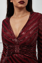 10907W Burgundy sequined striped long sleeved semi fitted.