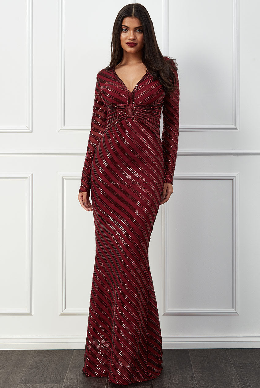 10907W Burgundy sequined striped long sleeved semi fitted.