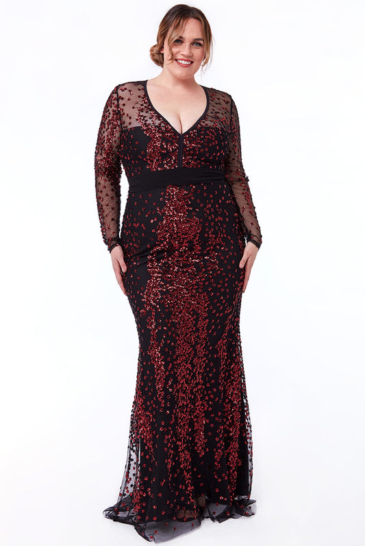 10908 Burgundy and black sequined long sleeved semi fitted size 16.