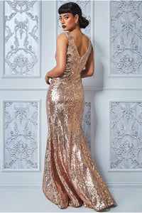 10912 Champagne sequined, V neck fitted